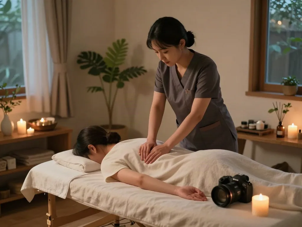 Relaxing 부천출장마사지 session in a serene home spa setting.