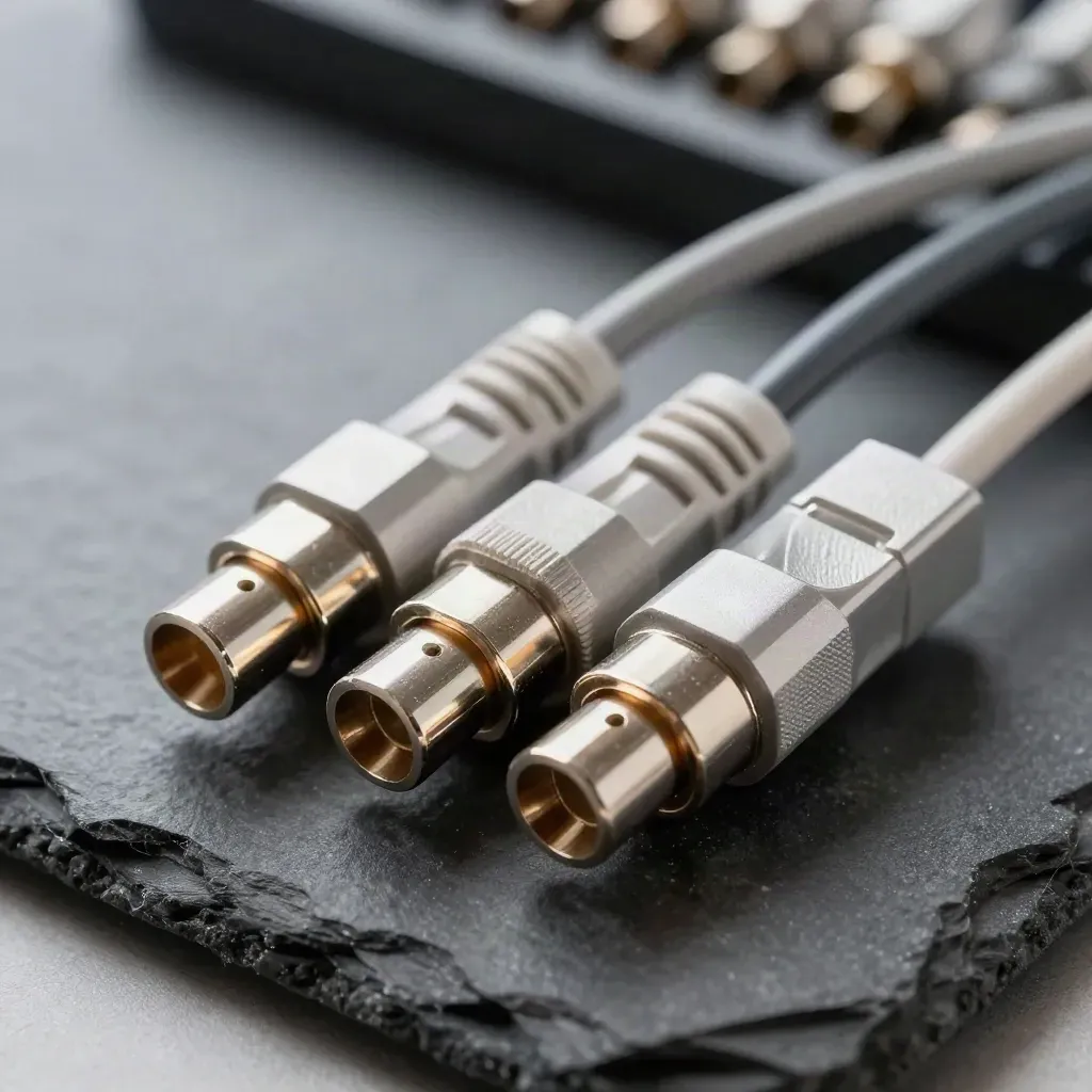 Fiber-optic ferrules, patch leads, and a connector block on black stone under dramatic studio light.
