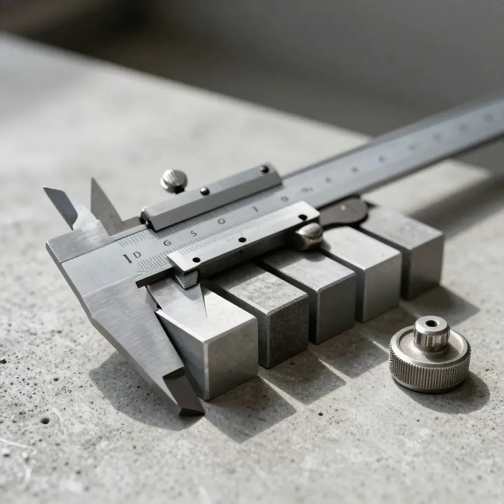 Dial caliper, gauge blocks, and knurled weight stacked on cold concrete in dramatic close-up.