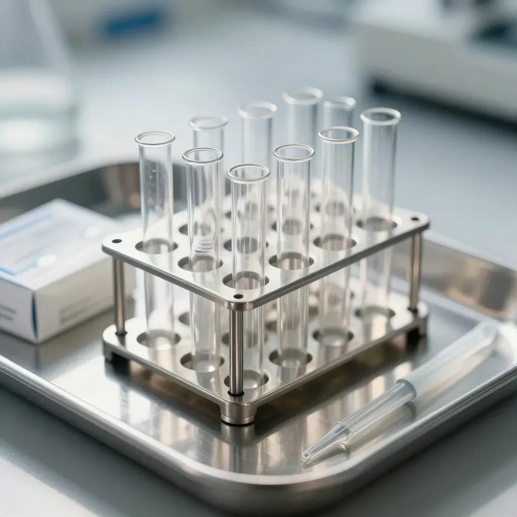 Macro of stainless microcentrifuge tubes, vial rack, and pipette tips on brushed aluminium