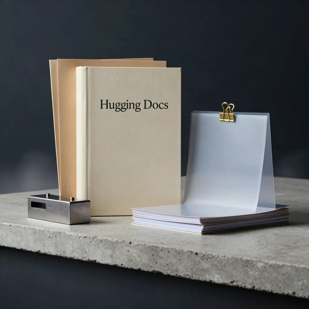 Hero still life of docs manuals, archive folders, clips, and sleeves on concrete with moody studio light.