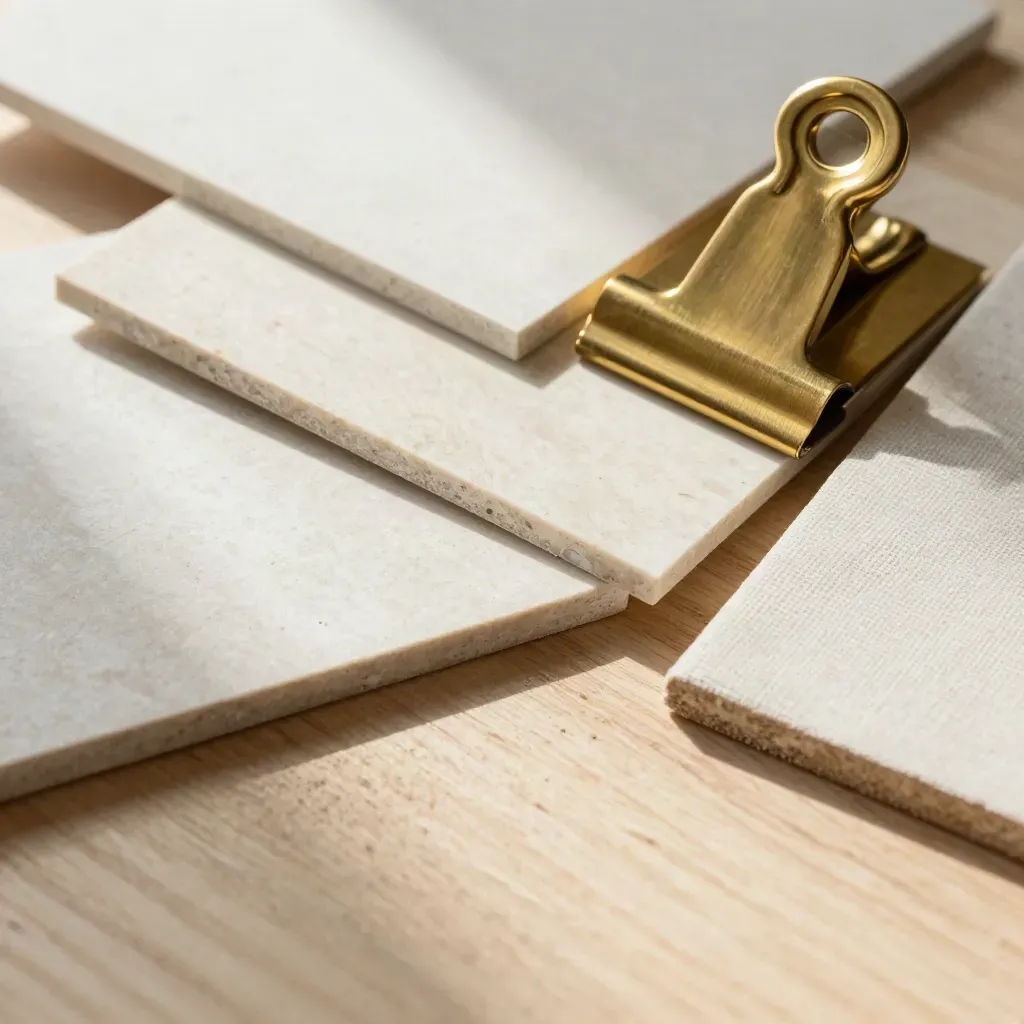 Overhead materials board with veneer chips, limestone swatches and brass clip on pale oak.