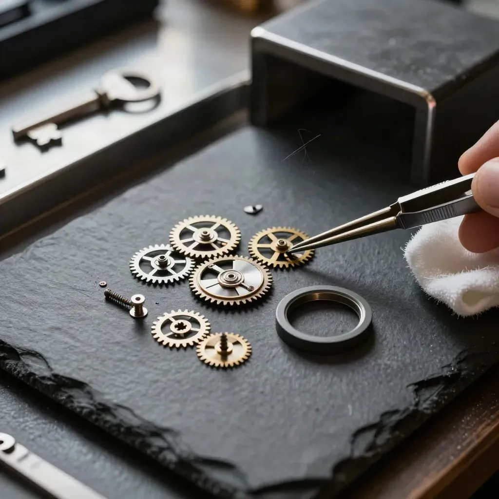 Watchmaker parts arranged on dark slate with dramatic side light and fine metallic dust.