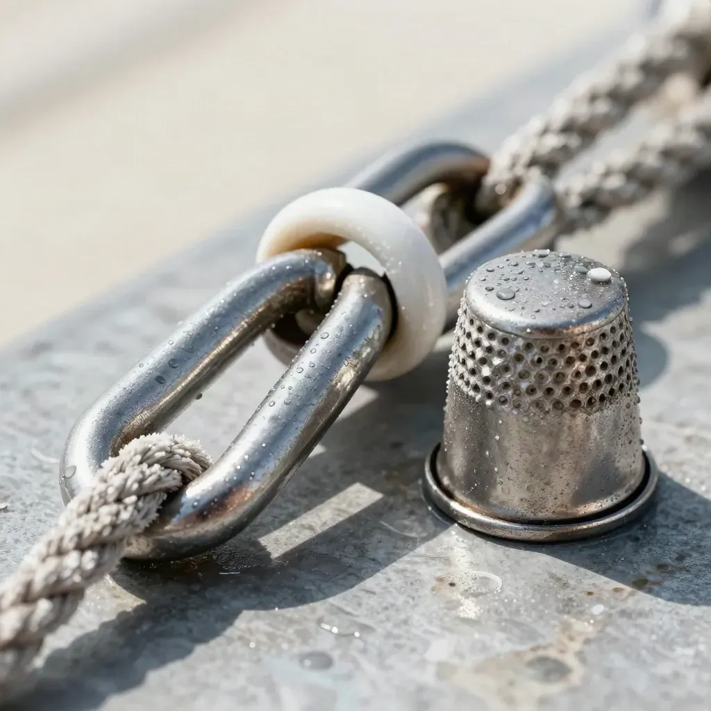 Marine rigging hardware cluster with shackle, braided line, dock cleat model and rope thimble on weathered metal.