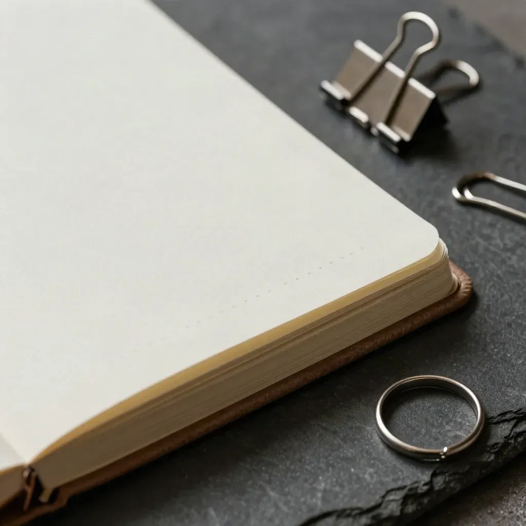 Top-down macro of a blank stitched notebook clipped with metal clips on matte graphite stone.