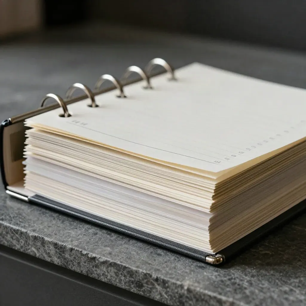 API binder tabs and paper clamps on graphite stone under dramatic studio light