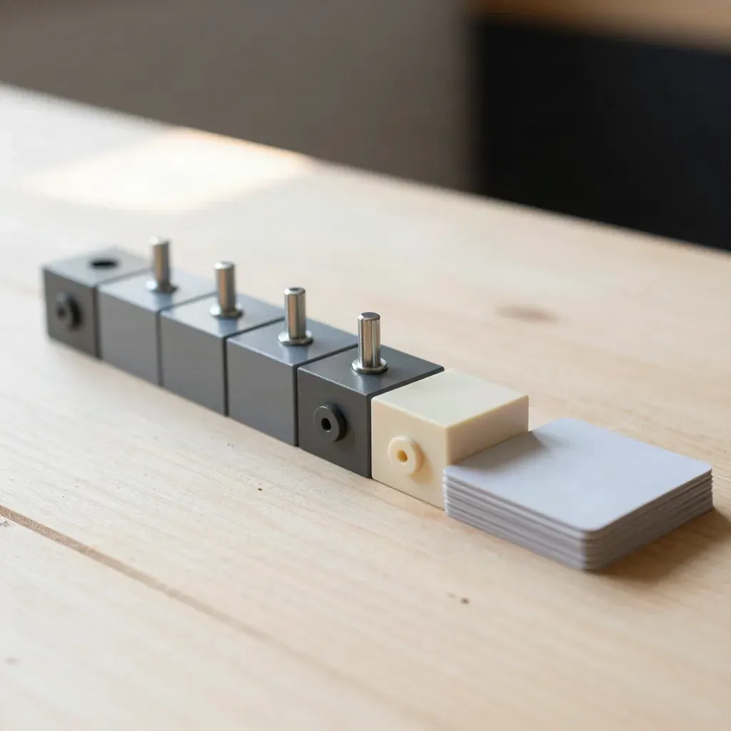 Snap-fit blocks, pegs and step cards arranged as an SDK tutorial kit on pale wood.