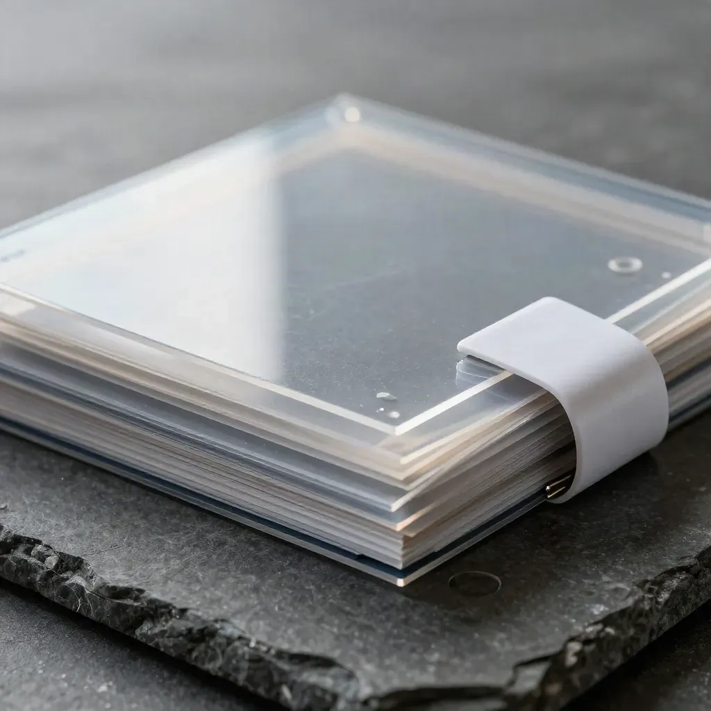 Layered acetate version sheets, archive folders and clips on graphite stone