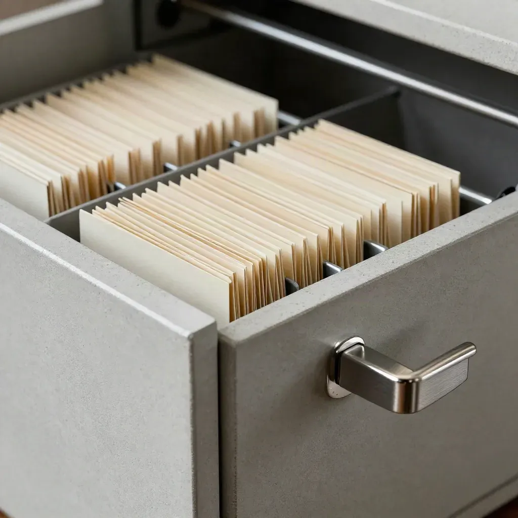 Graphite file sorter with tabs and edge-on cards on pale concrete, lit dramatically.