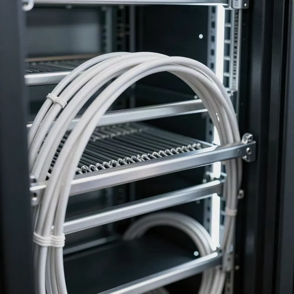 Server-rack cable routing with fibre loops, patch leads and combs in cool metallic light.