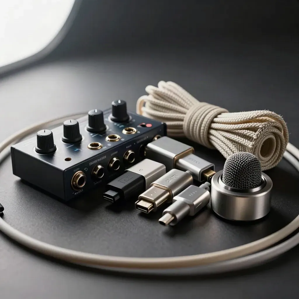 Macro of a compact audio interface, USB-C adapters, cable roll, and mic capsule on brushed metal