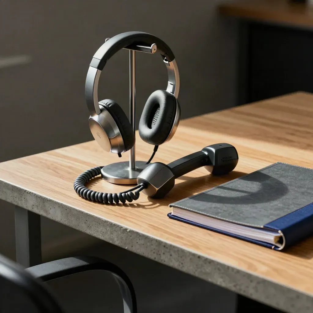 Help-desk hardware still life with headset, handset cradle, cable wrap and closed binder