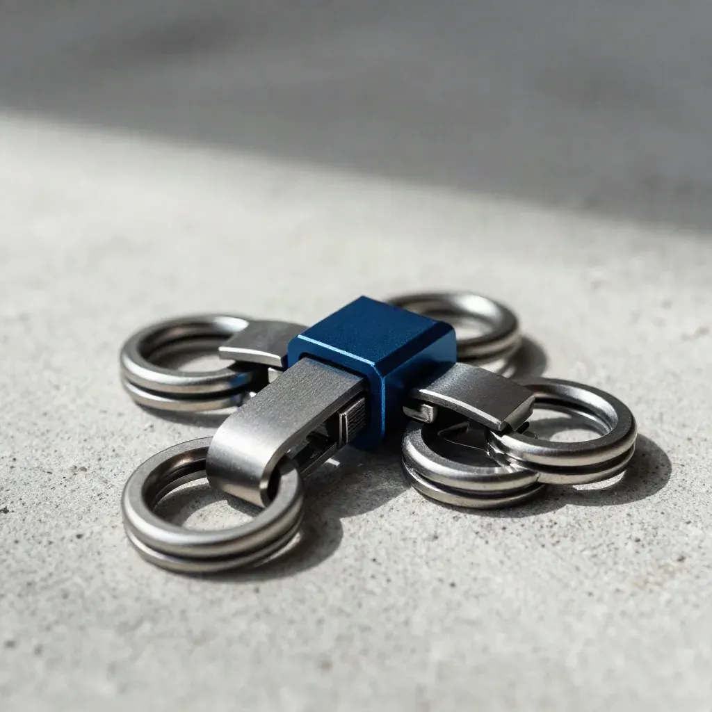 Brushed metal rings and connector block on slate concrete, dramatic still life for Slack integration
