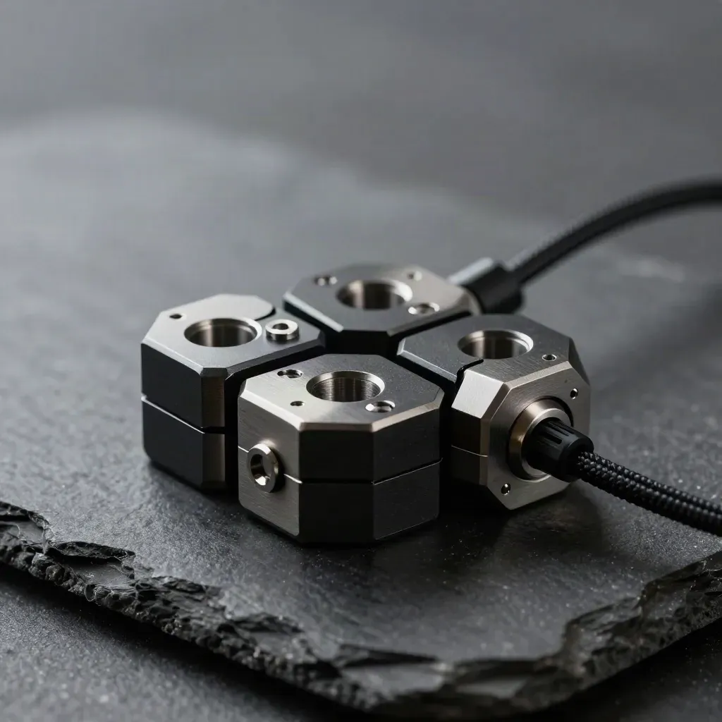 Top-down macro of machined connector halves, hex standoffs, and a tether cable on black stone