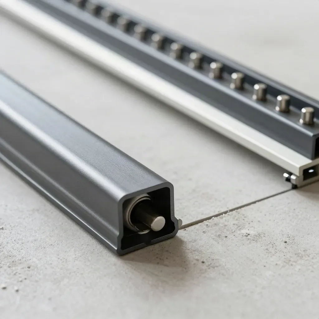 Macro of graphite rails and a white bridge connector snapping into alignment on pale concrete.